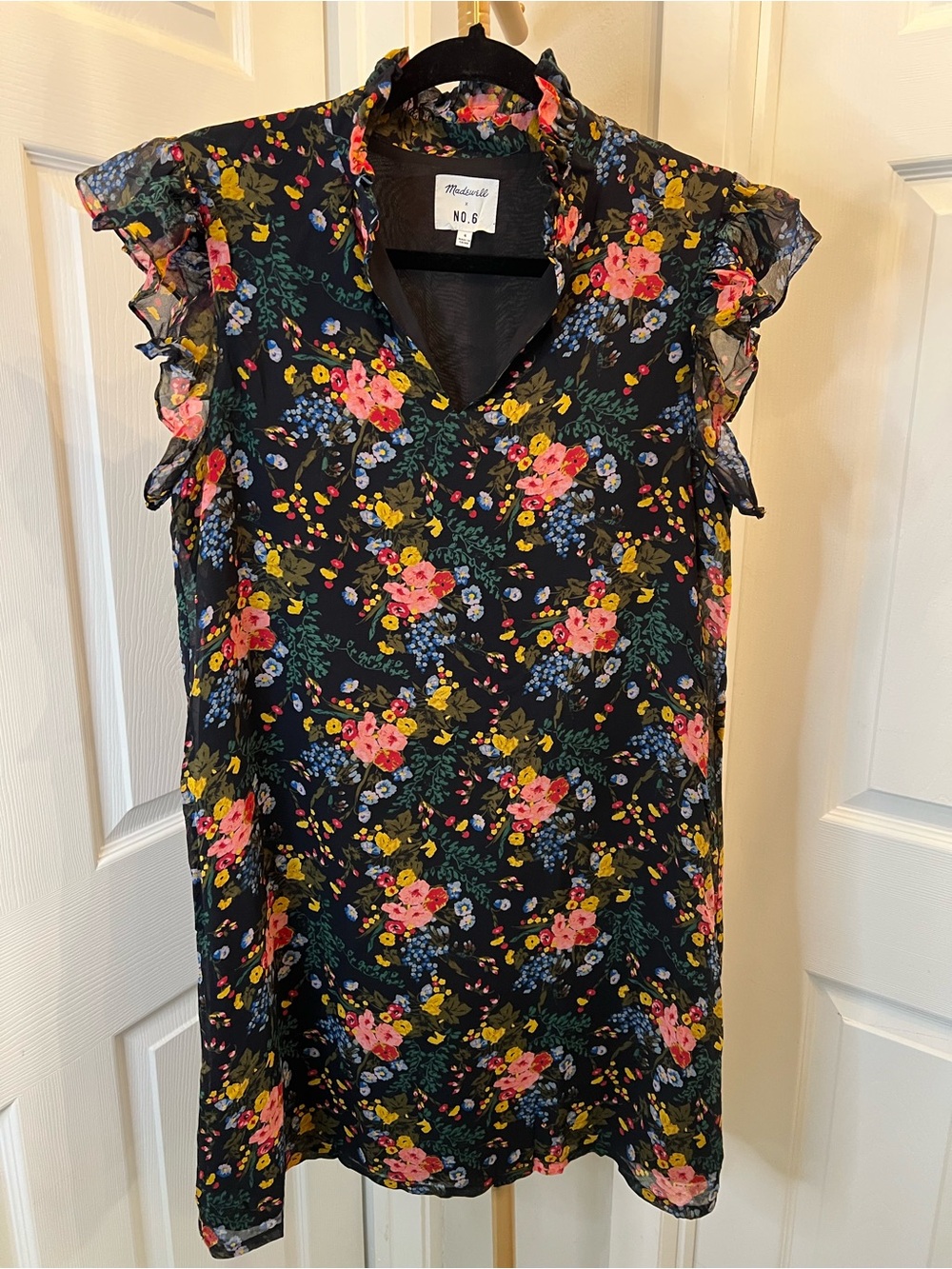 Madewell Black Floral Ruffle-Sleeve Midi Dress